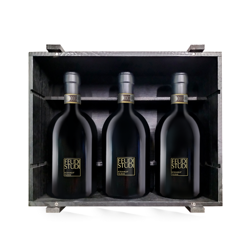 3 flessen Feudi Studi Rosamilia Taurasi verticale proeverij in houten kistje 2014-2016-2018